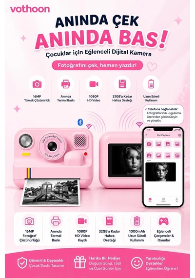 Çocuk Anında Baskılı Fotoğraf Makinesi 16mp Dijital Kamera 1080p Video Wifi Telefon Destekli