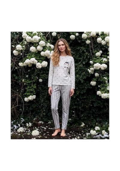 Pijamoni Kadın Sofya Kumaş Bisiklet Yaka Pijama Takımı Desenli Beyaz