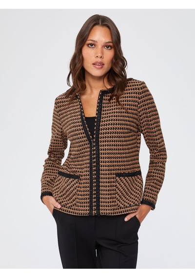 Şerit Detaylı Kazayağı Desen Örme Ceket 67191 U6719135 Camel
