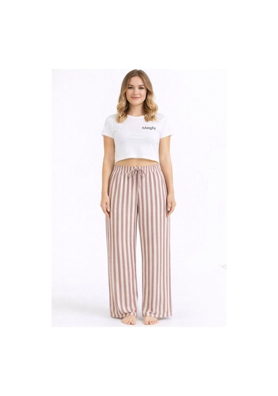 Viskon Pamuklu Kadın Gül Kurusu Çizgili Pijama Pantolon - Mg003 - Mudanis