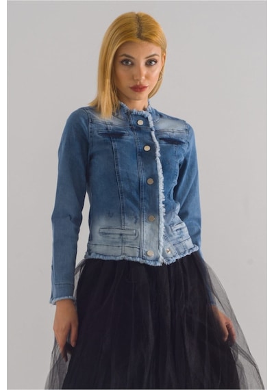 Bold & Young Kadın Yağ Yeşili Power Strech Çıt Çıtlı Slim Fit Denim Ceket mavi