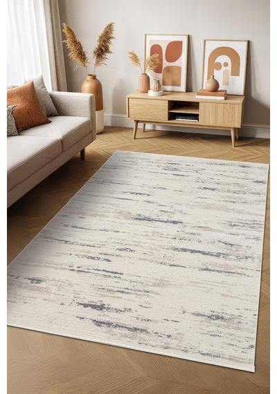 Icon Ic001m Krem Modern Lacivert Desen Akrilik Pamuk Tabanlı Salon Koridor 4 Mevsim Halı-745 Krem