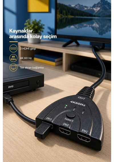 3 Girişli Hdmı Switch 2.0 4k 60 Hz Hdr Ve 3d Format Destekli
