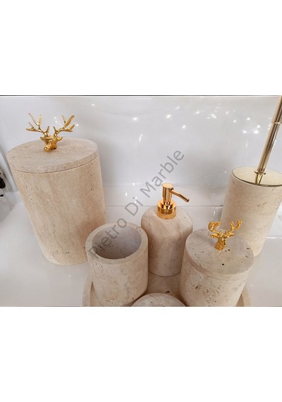 Sarı Traverten Klasik Model 7 Parça Gold Renk Geyik Aksesuarlı Banyo Seti Sarı Traverten