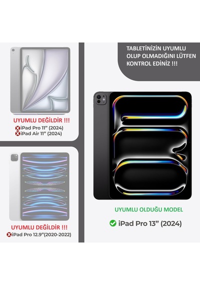 Apple Uyumlu iPad, Pro 13inç M4 2024 Kılıf 360 Dönebilen Standlı Case A2925 A2926 A3007