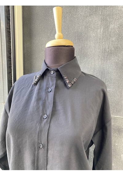 Pera Moda Yakası Taşlı Modal Kumaş Oversize Kadın Gömleği Siyah