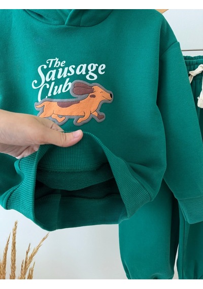 Magu Çocuk Pamuklu Köpek Baskılı Yeşil Kapüşonlu Sweatshirt Ve Eşofman Altı Takımı Çok Renkli