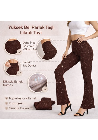 Enva Store Taşlı Tayt İspanyol Paça Likralı Kahverengi