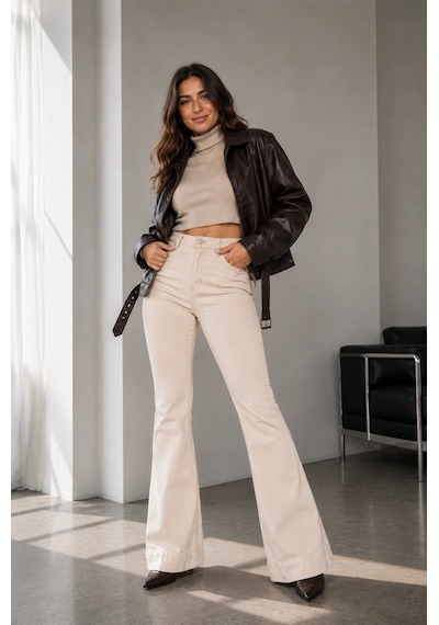 Bb Butik Basic Yüksek Bel İspanyol Paça Pantolon Dm3535 Bej