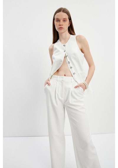 Stella Pulvis Krem Pileli Yüksek Bel Wide Leg Pantolon Krem