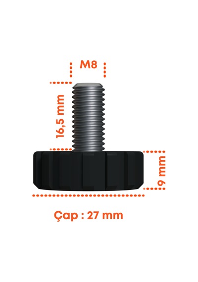 Cateksss M8 Ayar Vidası, Tırtıllı Vida, Bingo Ayak, Pingo Ayak Çap: 27 Mm Vida Uzunluğu 20 Mm Siyah - 22 Li Paket