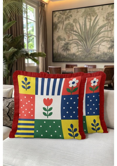 Modern Çiçekli Patchwork Renkli Saçaklı Yastık Kılıfı - Geometrik Mavi Bordo Püsküllü Kırlent Kılıfı Serin Esinti Nektar
