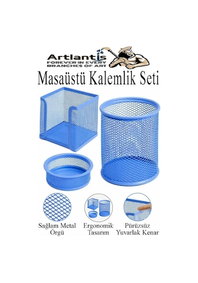 Mavi Metal Evrak Rafı 3 Lü Masaüstü Kalemlik 3 Lü Ve Fileli Çöp Kovası 1 Paket Masaüstü A4 Dosya Düzenleyici Not Mavi