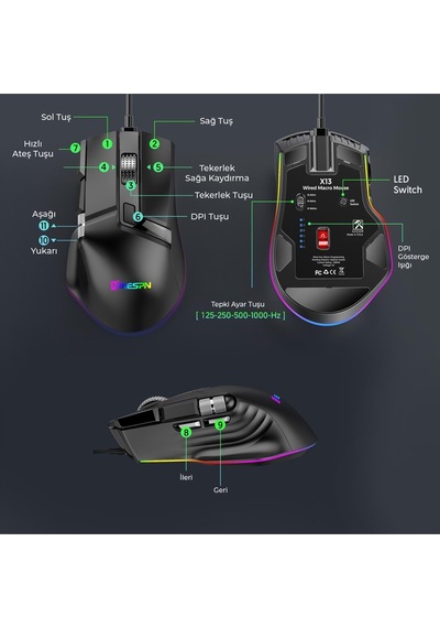 Mkespn X13 Gaming Mouse Kablolu 12400 Dpi 10 Tuş Makro Rgb Oyuncu Mouse Siyah