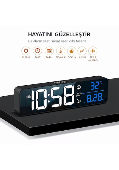 Hd Led Aynalı Dijital Masa Saati Sıcaklık Tarih Alarm Usb Şarjlı Elektronik Saat Siyah Yüzey