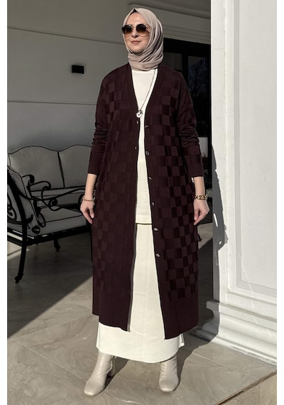 Rabia Şamlı Dama Desenli Triko Hırka Acı Kahve Çok Renkli