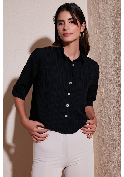 Lela Regular Fit Çift Cepli Kısa Kollu Bayan Gömlek 5865644 Siyah