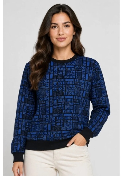 Veraura Lifestyle Siyah Mavi Yazı Desenli İki İplik Şardonlu Sweatshirt Lacivert