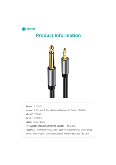 6.5mm To 3.5mm Aux Jack Ses Kablosu Jak Dönüştürücü Gitar Amfi Hoparlör Bağlantı Kablosu 2 Metre