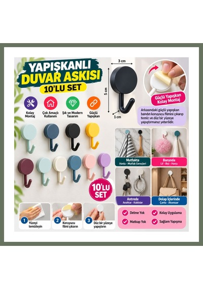 Bezos 10 Lu Plastik Kendinden Yapışkanlı Renkli Askı Seti Bezos1