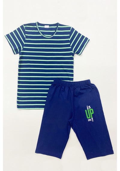 Hçm Erkek Çocuk Kaprili Pijama Takımı Pamuk Çizgili Baskılı A6 Lacıvert