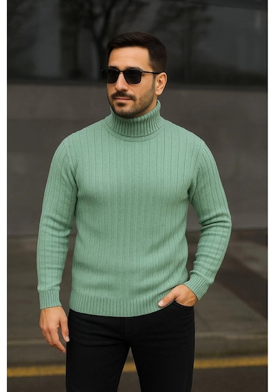 Erkek Tam Boğazlı Balıkçı Yaka Triko Kazak Kalın Fitilli - Mint Yeşili