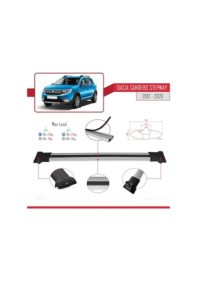 Dacia Sandero Stepway 2012-2020 Arası İle Uyumlu Fly Model Ara Atkı Tavan Barı Gri