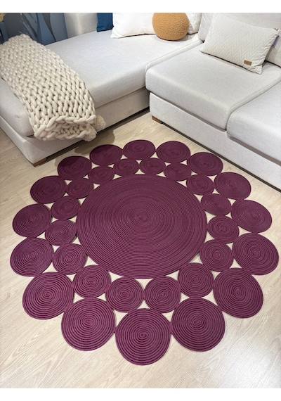 Mavaux Papatya Hasır Jüt Çiçek Desenli Kilim Halı Mürdüm