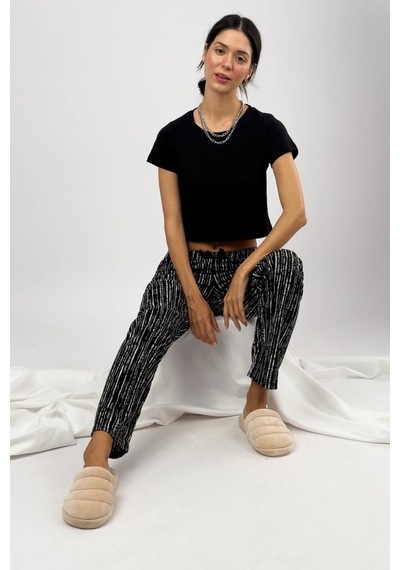 Kadın Kadife Pijama Altı Eşofman Pamuklu Siyah
