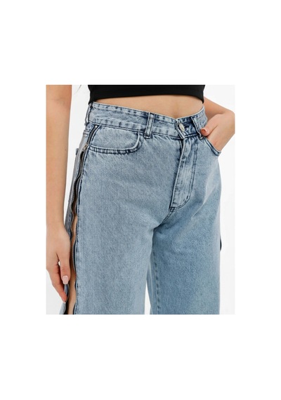 Kene Jeans Yüksek Bel Yan Fermuar Detaylı Buz Kar Bol Paça Jean Buz Kar