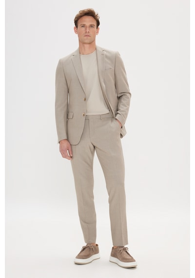 Erkek Bej Slim Fit Dar Kesim Mono Yaka Gofre Desenli Takım Elbise Bej