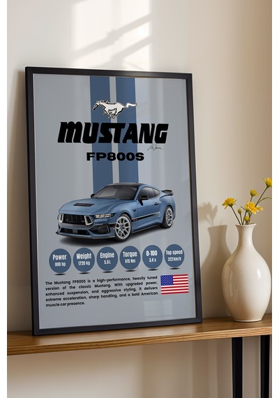 Mustang Fp800s Araba Tablosu - Teknik Özellikli Otomobil Poster - Çerçeveli Duvar Dekoru Siyah