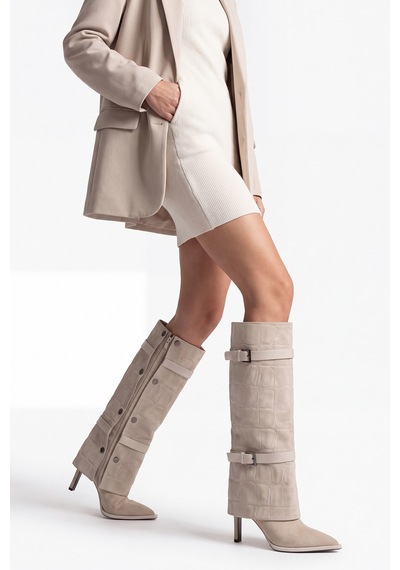Luvi Shoes Pıen Bej Süet Baskı Sivri Burun Kadın İnce Topuklu Çizme