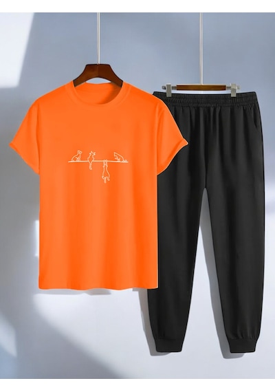 Uyguntarz Unisex Yaramazlık Yapan Kediler Tasarım Basklı Tshirt Eşofman Takımı Turuncu