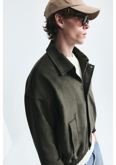 Vamos Oversize Polo Yaka Suni Süet Mont Haki
