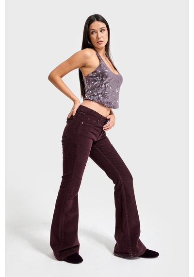 Itsbasic Kadın Koyu Bordo 29w5-153 Flare Fit Esnek İnce Fitilli Velvet Kadife Kumaş Pantolon
