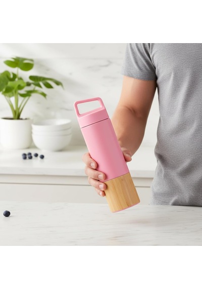 600 Ml Bambu Tabanlı Kulplu Çelik Termos Mug - 5 Renk Seçenekli Sıcak/soğuk Tutucu Seyahat Bardağı Pembe Çok Renkli
