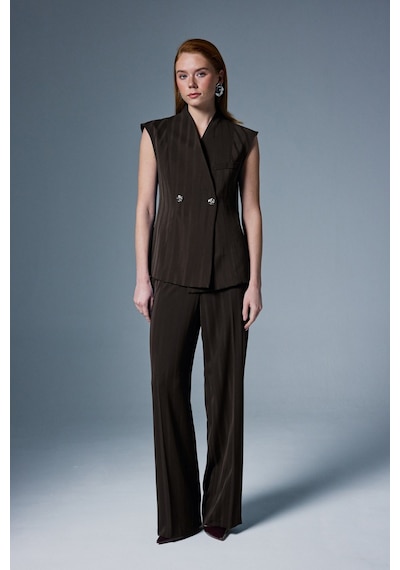 Sateen Anna Çizgili Pantolon - Kahve-137089 Kahve