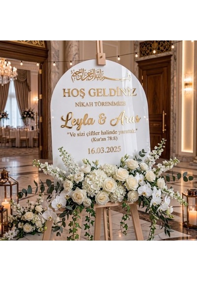 Beyaz Akrilik Düğün Karşılama Panosu 50x80 Cm Gold Yazılı Büyük Boy