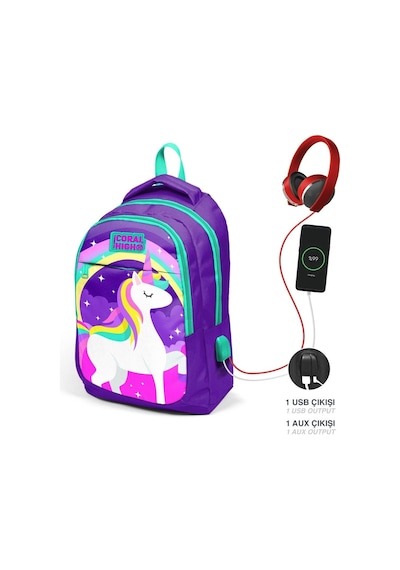 Coral High Okul Sırt Çantası Ve Beslenme Çantası Seti - Kız Çocuk Mor Unicorn - Usb Soketli