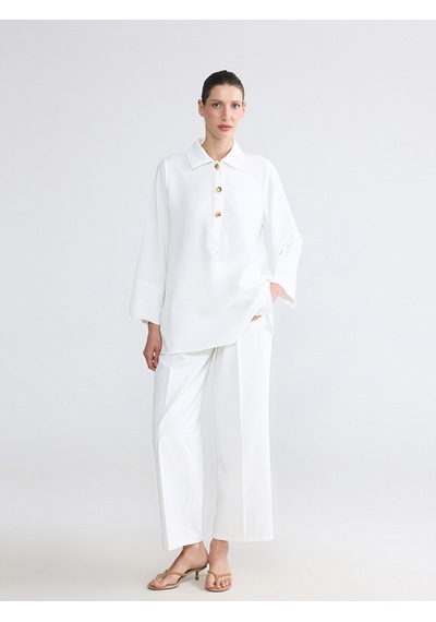 Lcw Everyday Beyaz Polo Yaka Oversize Armürlü Kadın Tunik