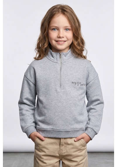 Fullamoda 3 İplik Yarım Fermuarlı Dik Yaka Kız Çocuk Sweatshirt Gri