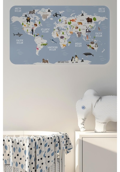 Eğitici Dünya Haritası Dünya Atlası Çocuk Ve Bebek Odası Duvar Sticker-60x105-3789 - Renkli Çok Renkli