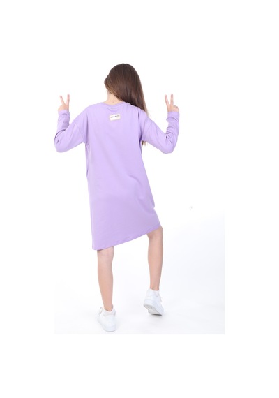Toontoy Kız Çocuk Baskılı Relax Fit Bisiklet Yaka Uzun Kollu Elbise - Lila