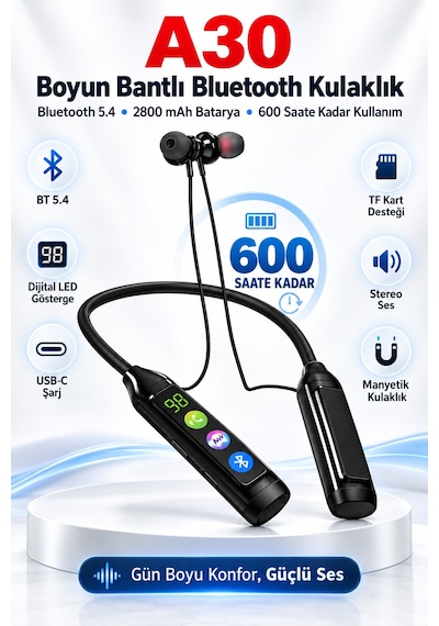 A30 600 Saat Pil Ömürlü Boyun Bantlı Kablosuz Bluetooth Kulaklık Kart Girişli Game Modlu