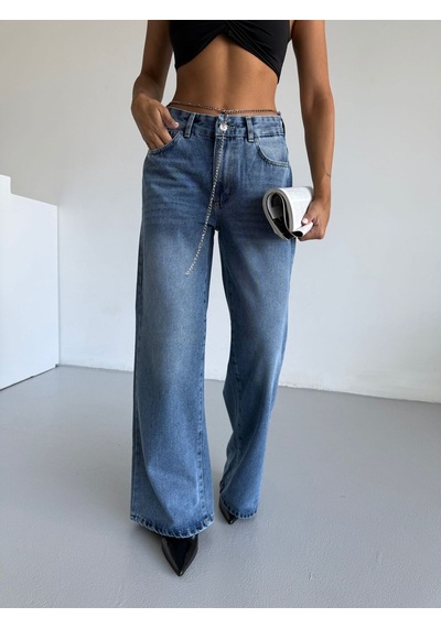 Kene Jeans Kadın Mavi İşlemli Kemer Zincirli Bol Paça Kot Pantolon Mavi