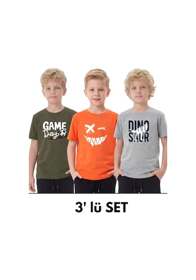 Panios Kids 3'lü Yuvarlak Yakalı Baskı Detaylı Basic 3 Parça Erkek Çocuk Tişört Haki - Gri