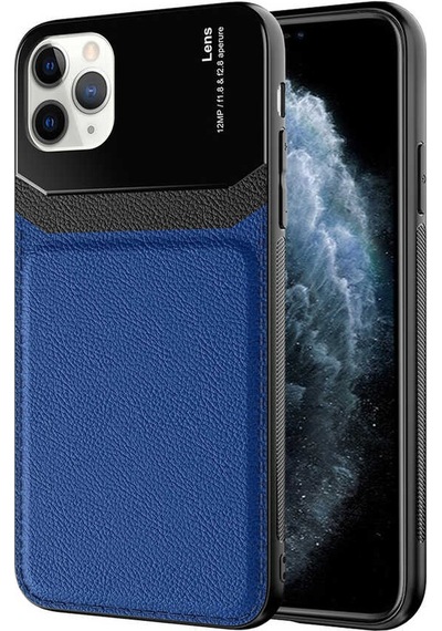 Noktaks - İphone 11 Pro Uyumlu Kılıf Deri Görünümlü Kamera Adası Parlak Emiks Kapak - Lacivert - T19160
