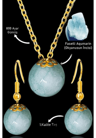 Sertifikalı Gold Fasetli Akuamarin Taşı Kolye Ve Küpe Seti Çok Renkli