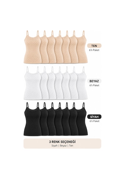 Westicgiyim Kadın Pamuklu İp Askılı Dantelli Atlet 6 Lı Paket %100 Pamuk Siyah Beyaz Ten M-l-xl-2xl